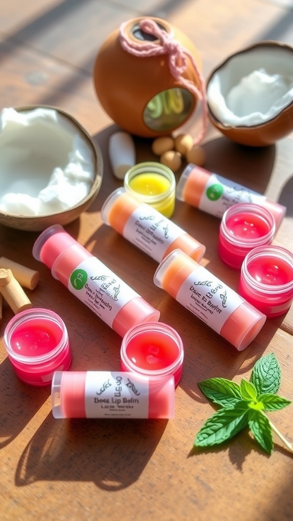 Colorful containers of homemade juicy lip balm on a wooden table with ingredients like coconut oil and beeswax.
